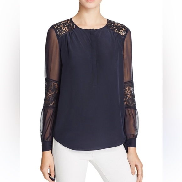 Rebecca Taylor Sara Lace Panel Silk Long Sleeve Blouse Ties at Cuff size 2 Navy - Picture 4 of 12
